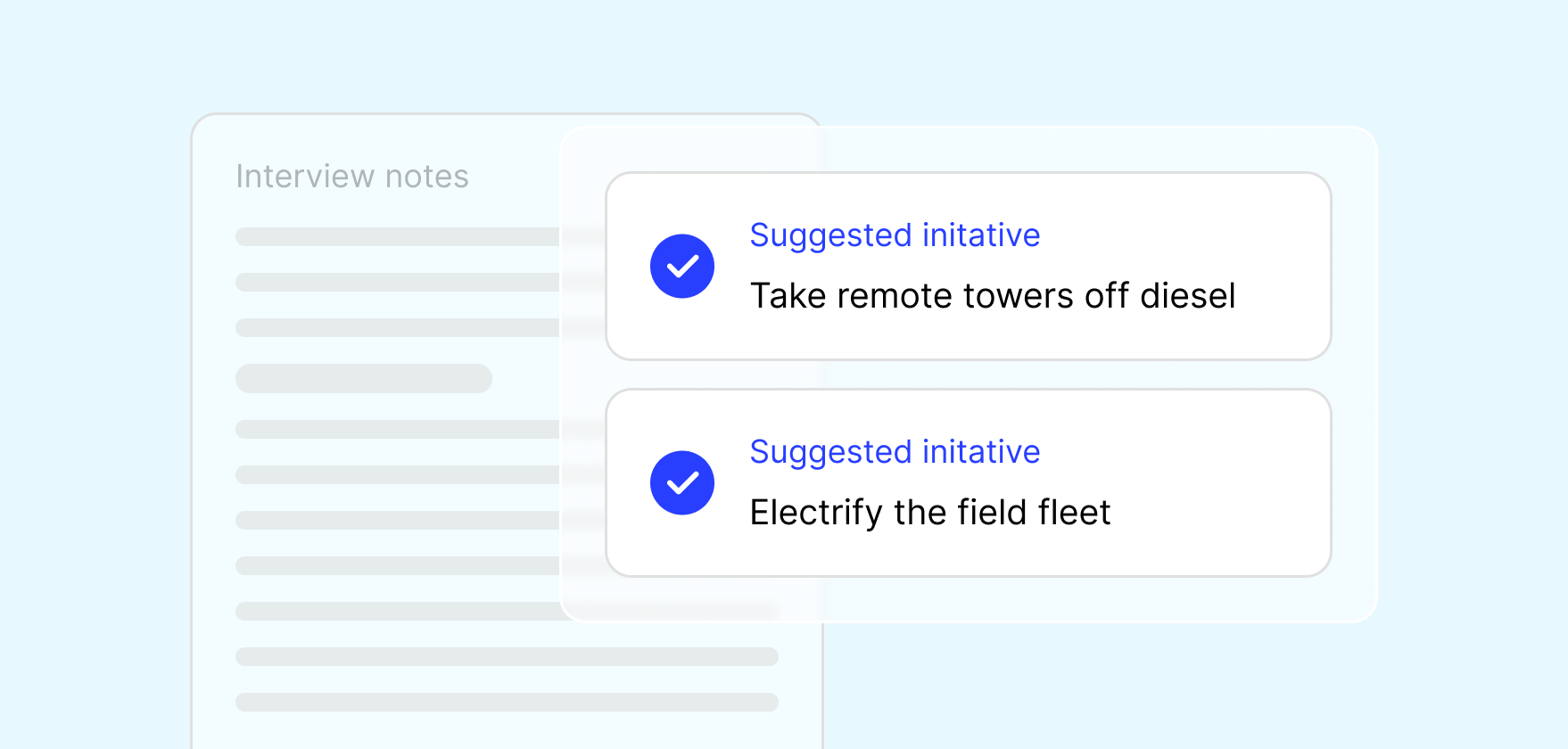 Wireframe showing Sweepy turning interview notes into a draft action list